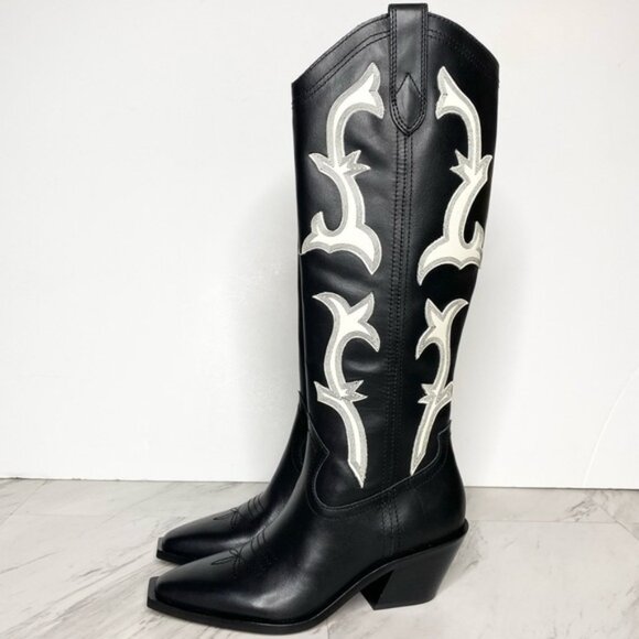 New! Dolce Vita Samare Black White Leather Tall Western Boot 5 - Picture 1 of 15